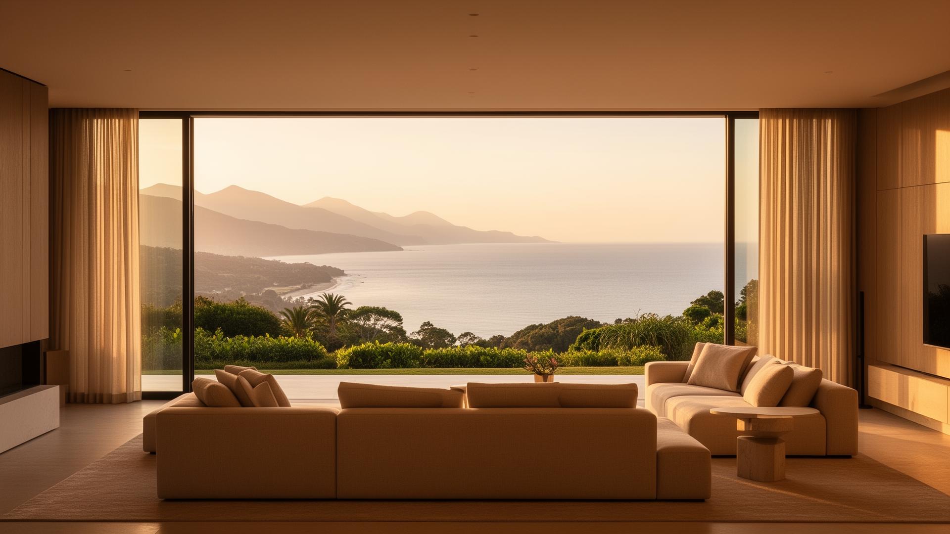 Luxury furnished living room with skyline view